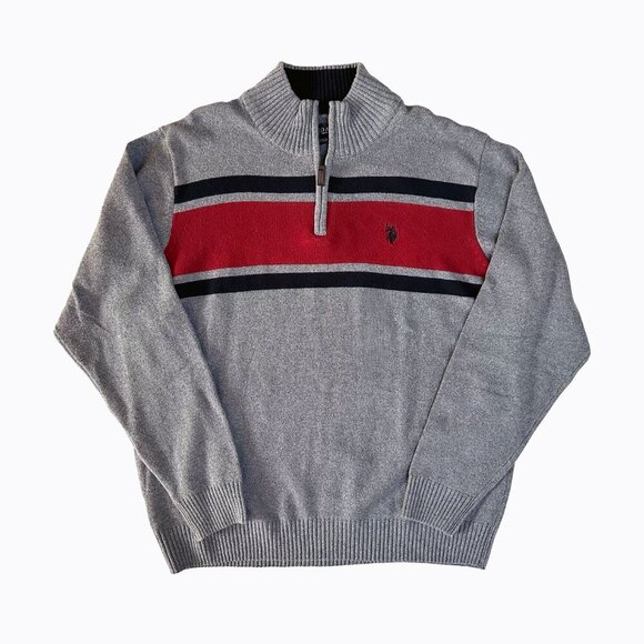 Men's Quarter Zip Sweater XL Gray Red Chest Stripe Preppy Classic Sporty Office - Picture 8 of 8